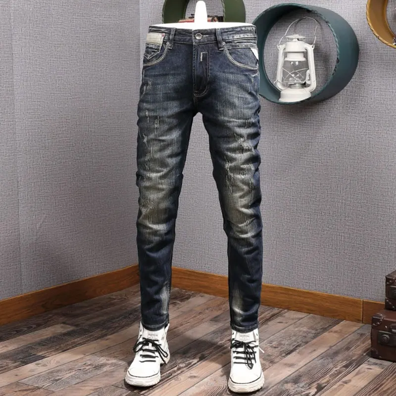 italian style fashion men jeans high quality retro distressed slim fit ripped jeans men patchwork designer vintage denim pants Italian Style Fashion Men Jeans High Quality Retro Blue Stretch Slim Fit Ripped Jeans Men Vintage Designer Denim Pants Hombre