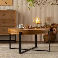 31.29" Modern Retro Splicing Round Coffee Table,Fir Wood Table Top with Black Cross Legs Base 1