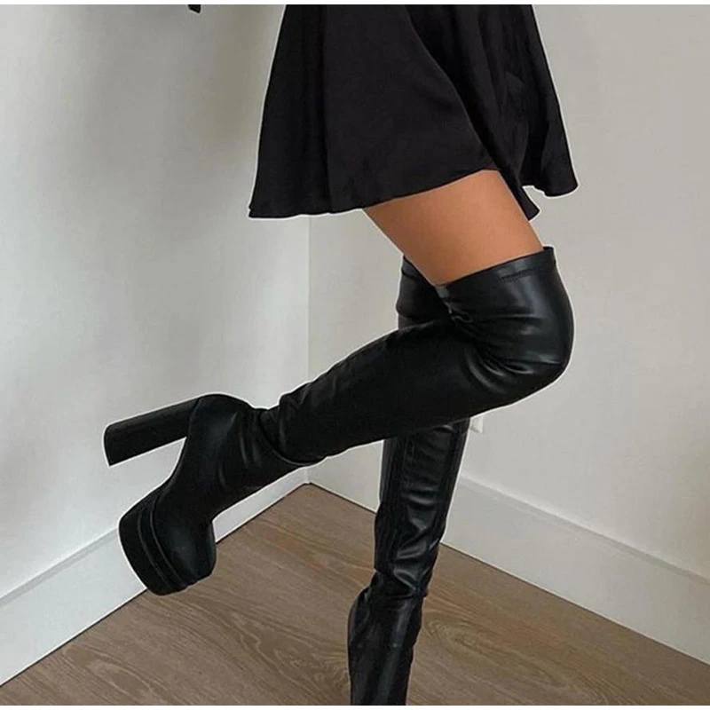 Botas por encima de la rodilla con plataforma para mujer, Botines altos hasta el muslo, elásticos, de cuero Pu, a moda| | - AliExpress
