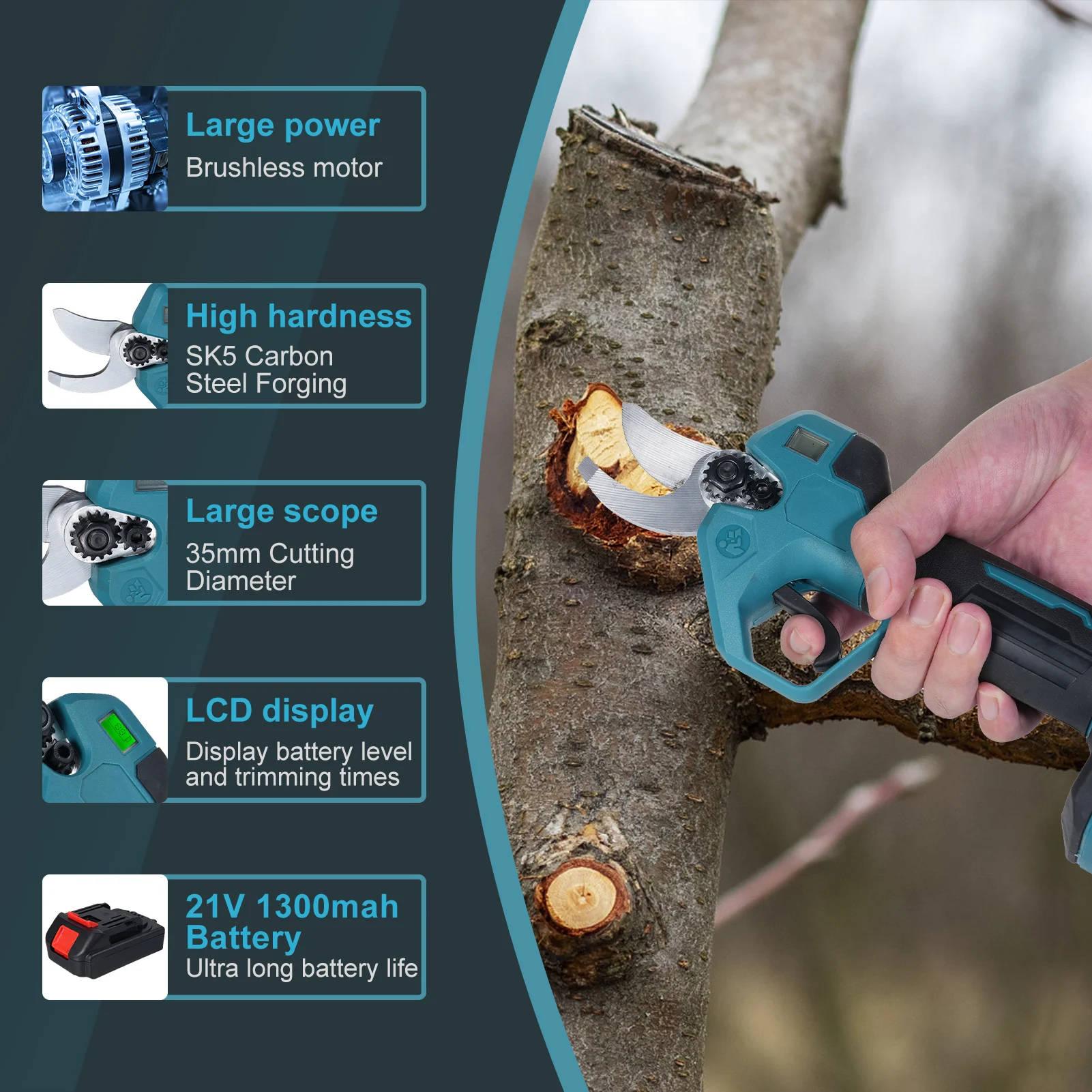 Brushless Electric Pruning Shears with 2pcs 21V 1300mah Battery Portable Pruning Shears with LCD Display 30mm Cutting Diameter