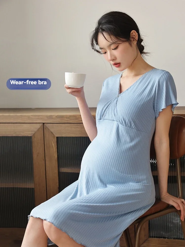 Women's Spring  Summer Padded Sleeping Dress  Postpartum Breastfeeding  Large Size  Women's Home Clothes  Pajamas  Midi Dress 2