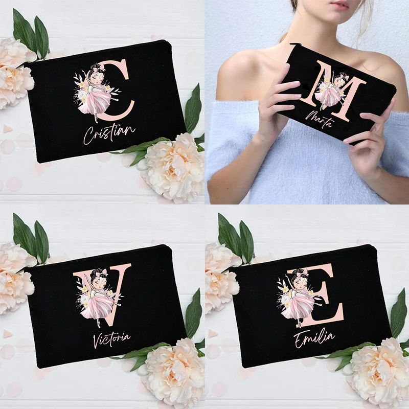 

Custom Name Cosmetic Bag Ballet Dancer Girls Travel Toiletry Pouch Eco Canvas Makeup Bags Women Purse Stationery Organizer Case