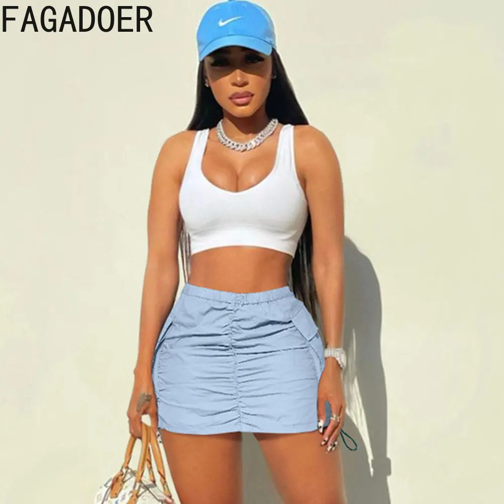 FAGADOER Fashion Streetwear Women High Waisted Stacked Design Mini Skirt Casual Solid Color Side Drawstring Pocket Skirt Bottoms men s california west coast embroidered fuzzy polar fleece flap pocket design pullover hoodie and drawstring sweatpants set multi a