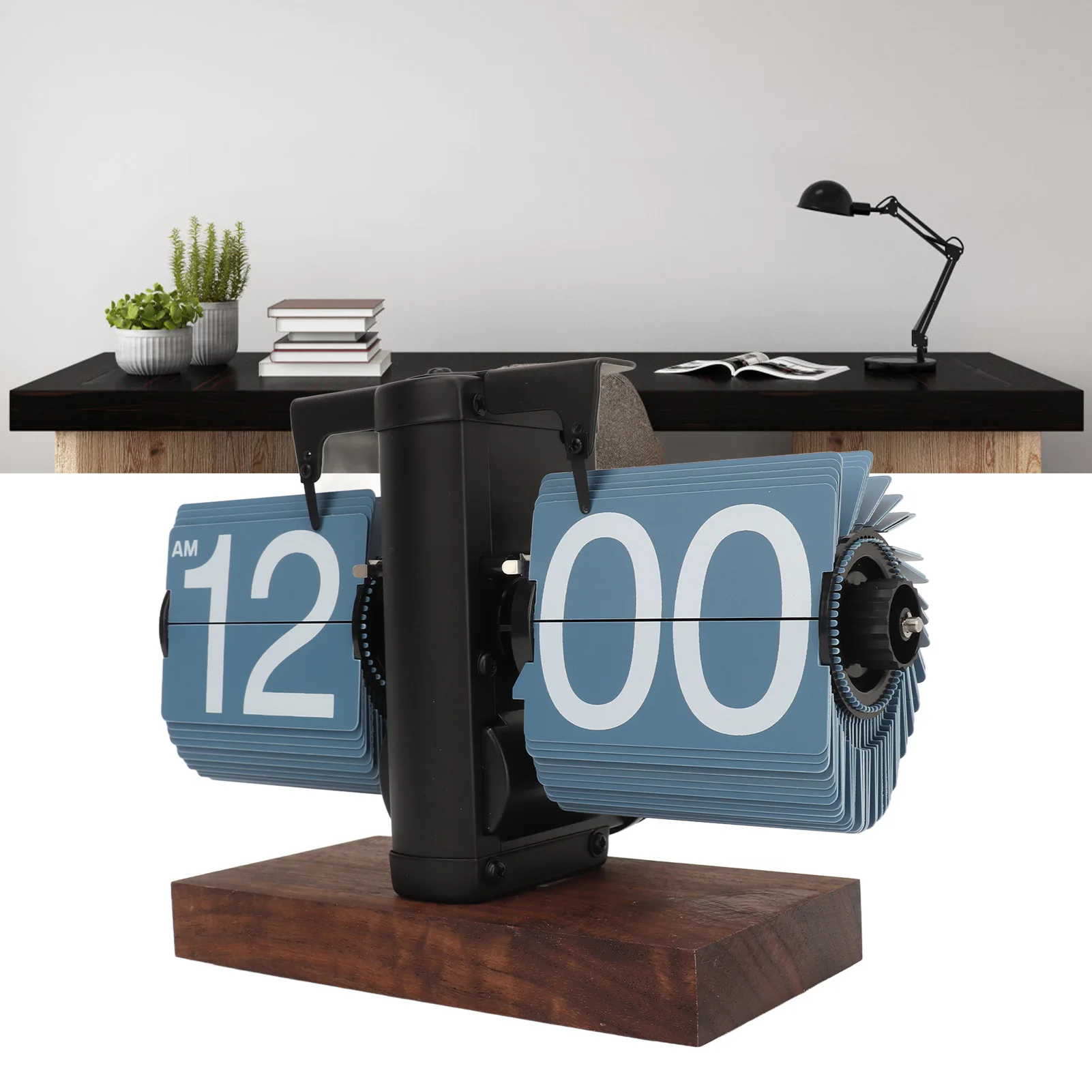 Orologio Da Tavolo Retrò A Fogli Mobili Con Rotazione Automatica - Base In Noce Nero, Alimentato A Batteria (formato 24h)