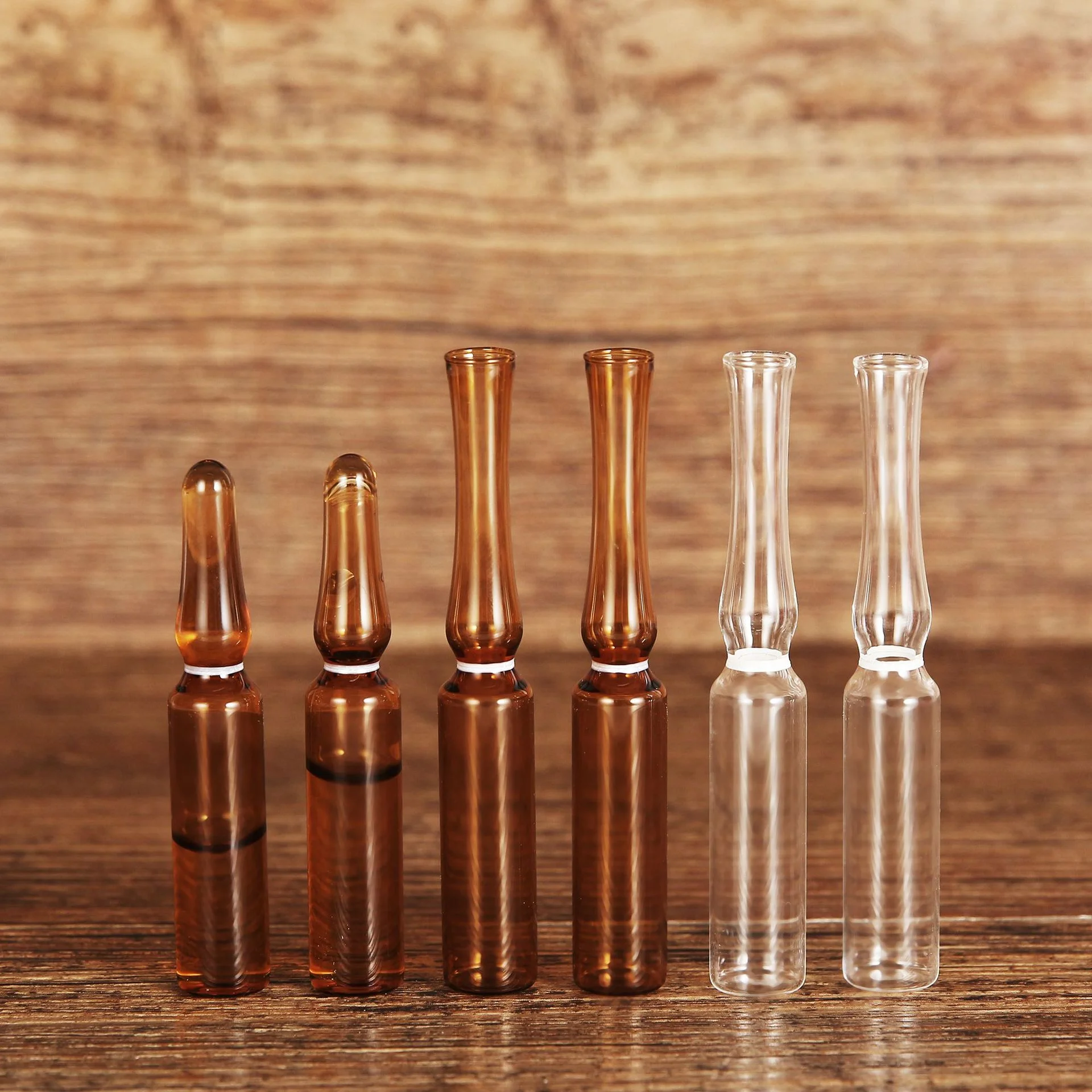 랩 투명 다크 브라운 유리 유연한 앰플 병, 곡선 목 앰플, 액체 약 병, 1 ml, 2 ml, 5 ml, 10 ml, 20ml