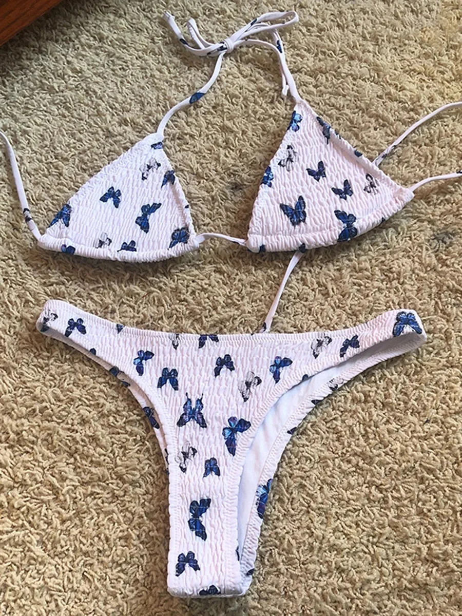 New Butterfly Print Halter Pleated Wrinkled Bikini Female Swimsuit Women Swimwear Two-pieces Bikini Set Bather Bathing Suit Swim