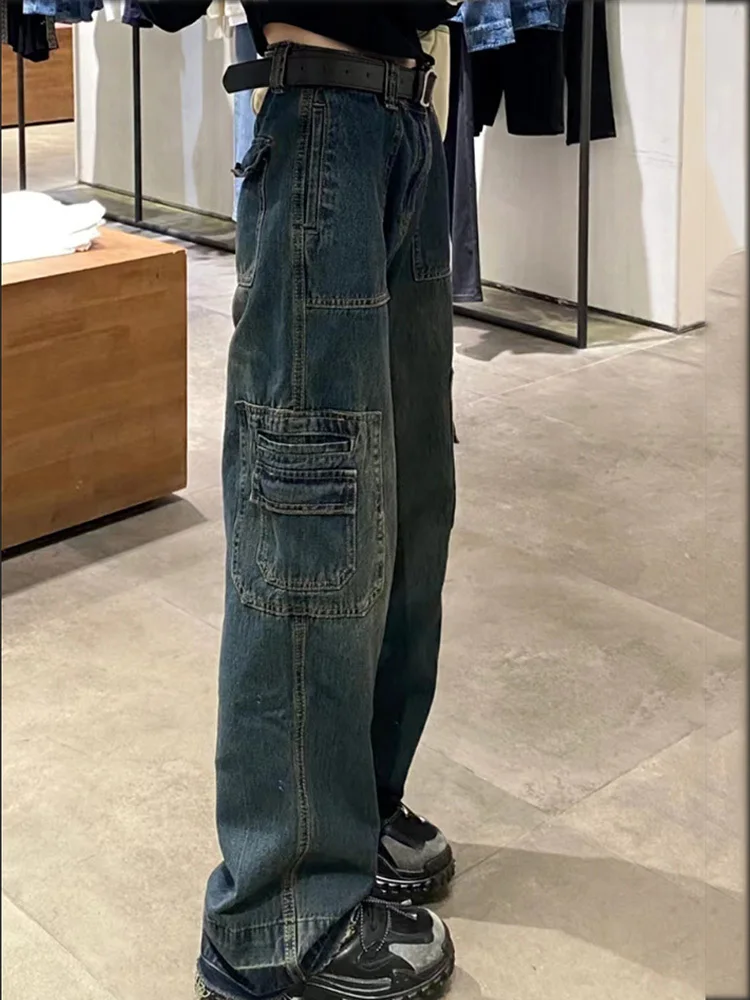 

Women Vintage Washed Jeans High Street Loose Distressed High Waist Jeans American Casual Fashion Street Hip Hop Wide Leg Pants