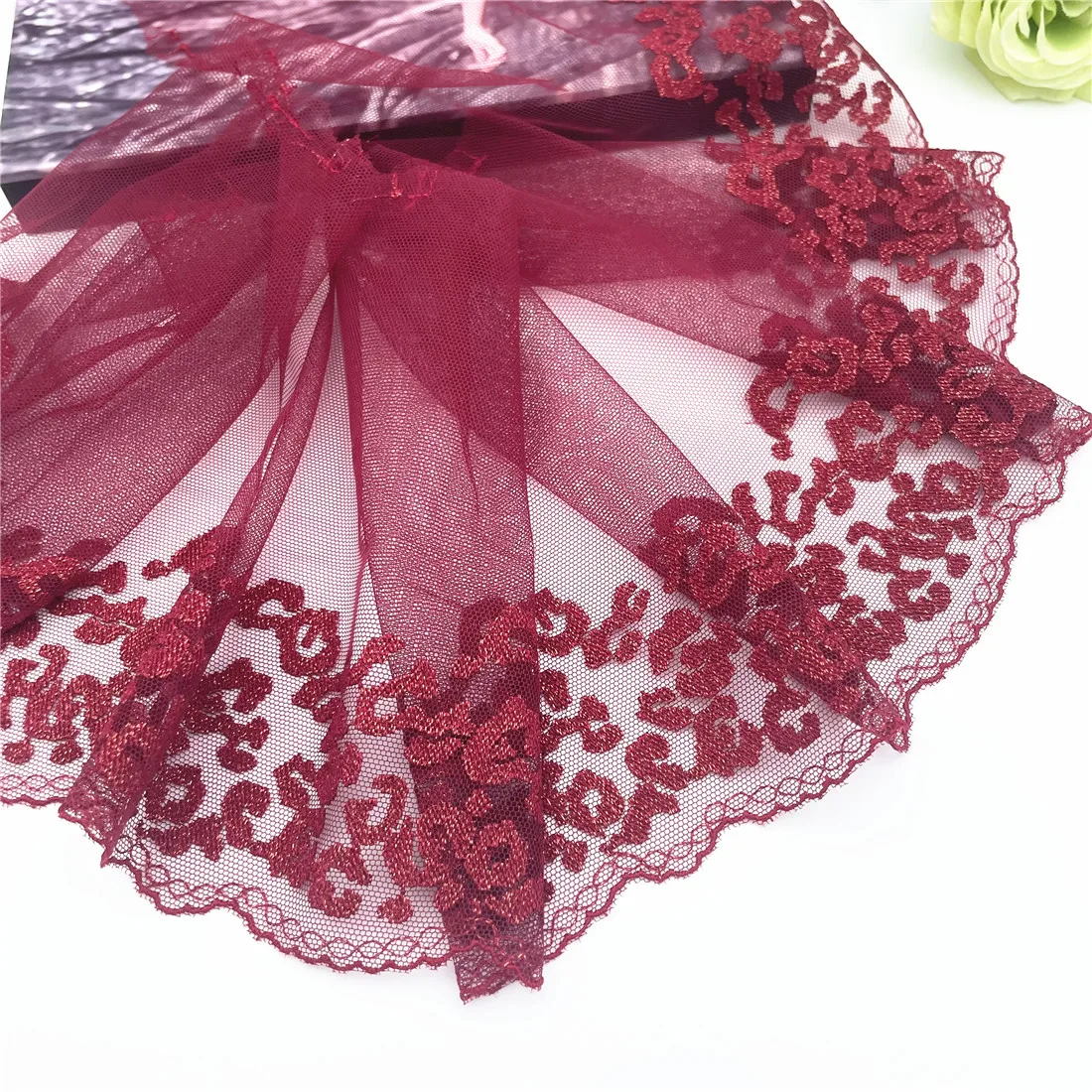 3y/lot Width 7 1/4 inch (18.50cm) Burgundy Shiny Golden Embroidery Lace Trim Clothing Sewing Craft DIY Apparel Fabric Lace 1
