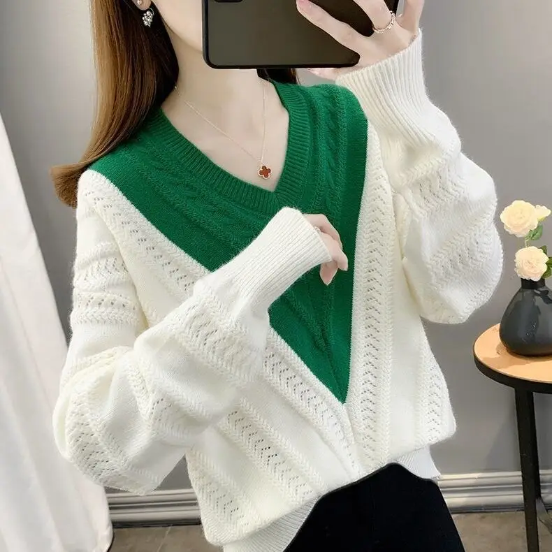 

2023 Contrast V-neck Pullover Hollow Out Knit Shirt Spring and Autumn New Women's Fashion Casual Loose Sweater D54