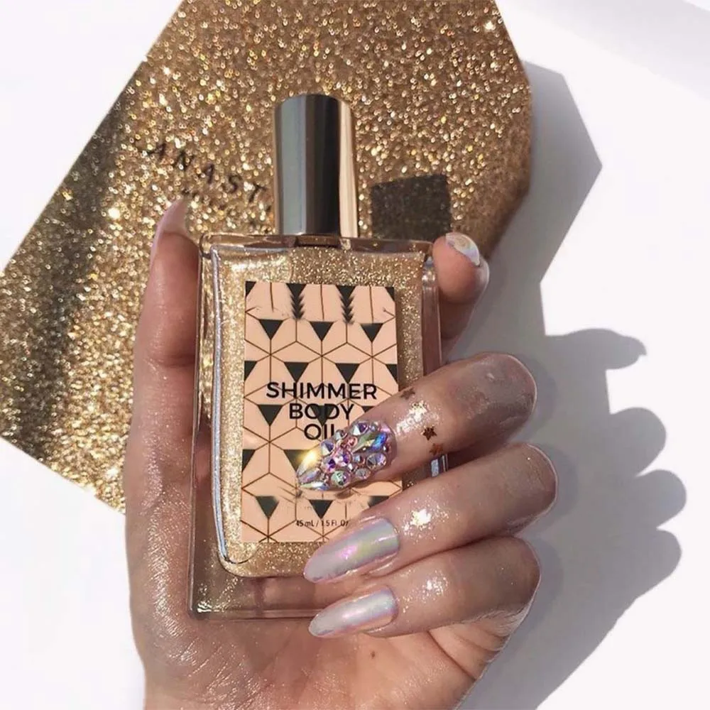 1 Bottle Gold Diamond Highlight Shimmer Body Oil, Face Body Quicksand Highlighter Spray, Hair and Face Contour Lighting Makeup