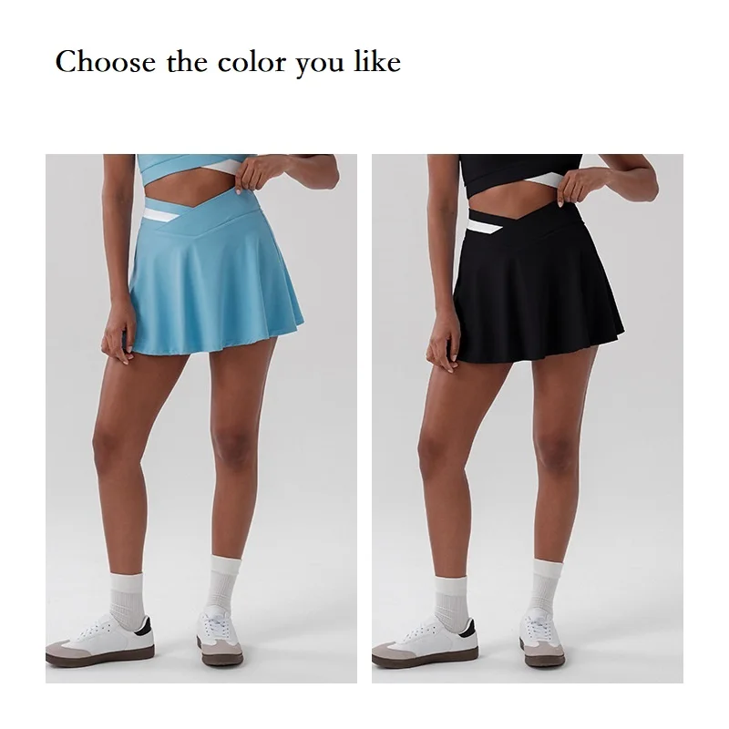 Women High Waisted Crossover Tennis Skirt with Pockets Anti-Exposure Mini Skirt Sports Skorts Gym Yoga Skorts with Inner Shorts