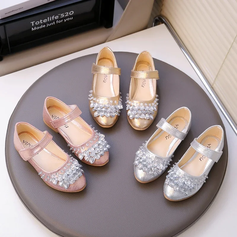 Girls Leather Shoes for Party Wedding Children Crystal Shiny Princess Shoes Sweet Kids Performance Shoes Spring Autumn 2025 New