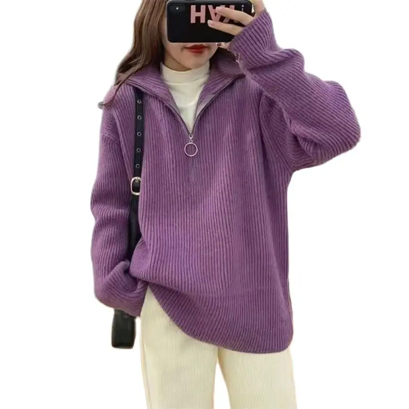 

Women Sweater Oversize Zipper Knit Pullover Long Sleeve Solid Loose Ladies Sweaters Autumn Winter Thicken Lady Turtleneck Tops