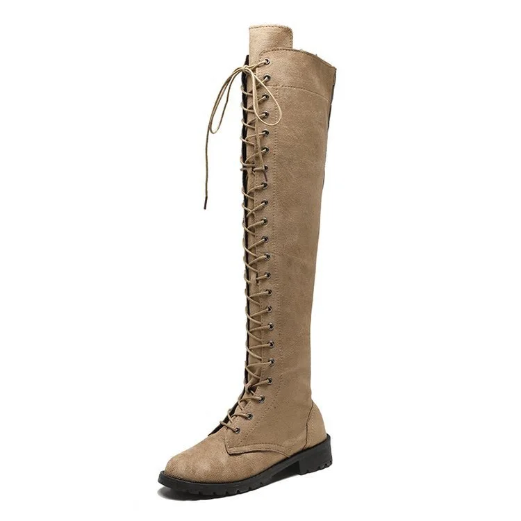 

British Cross Strap Over Knee Boots Round Head Square Heel Suede Knight Boots Zipper Large Size Women's Boots Casual Sneakers