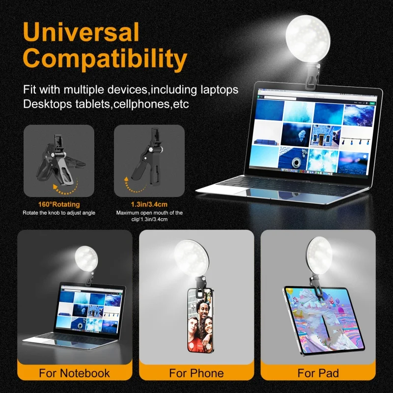 Description Picture 5 of itemLED Selfie Light Portable Mini Durable Practical Three Stop Dimming Photography Clip Fill Light for Phone iPad Laptop Video