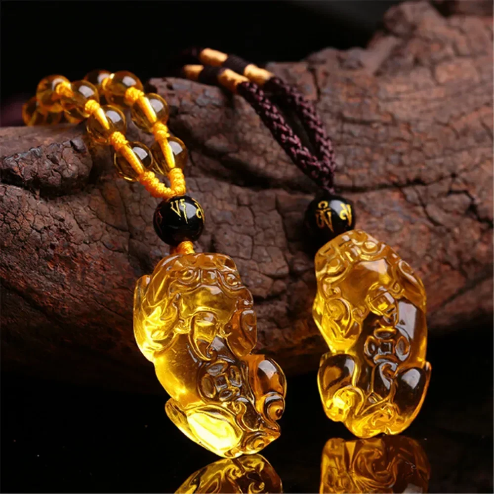 Hand Carved Natural Citrine Pixiu Pendant Necklace Men Women Bring Wealth Yellow Crystal Amulet Sweater Chain Jewelry pendant necklace