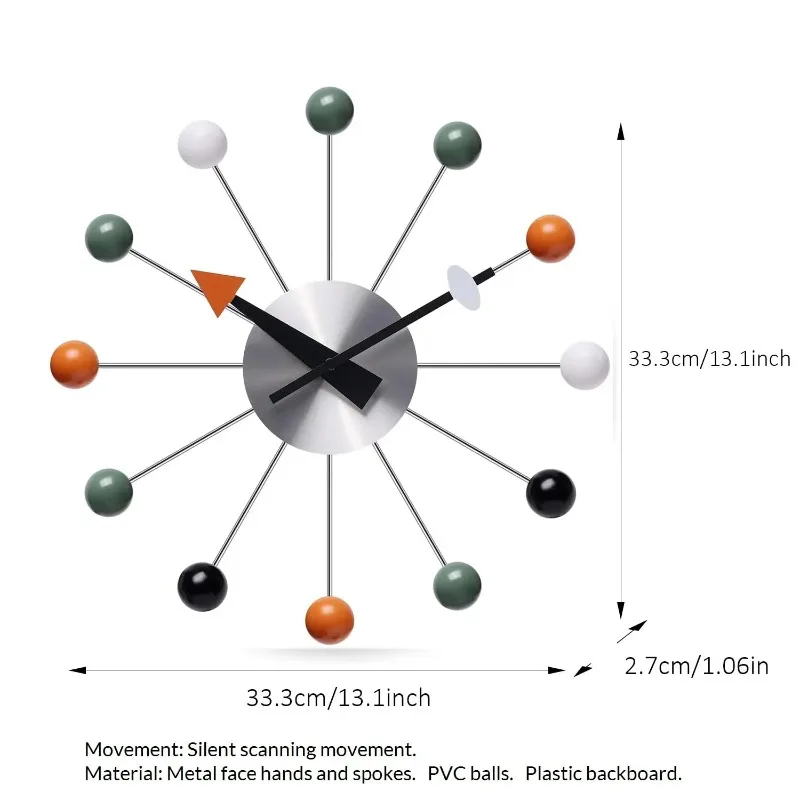 Description Picture 2 of itemModern Wall Clock Silent Non Ticking 13 Inch Pop Color Decorative Ball Clocks for Living Room Kitchen Office Wall Clocks