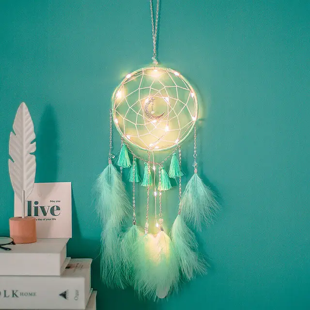 Álomfogó Wind Chimes Art Otthoni Kézműves Lila Menta Zöld Rózsaszín Dreamcatcher Tollakkal Holddekoráció Lány Szív Dísz - Image 6