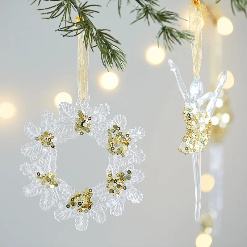 Transparent Acrylic Snowflake Deer Sequins Christmas Tree Pendant Xmas Hanging Ornaments Home Decor Children DIY New Year Gifts