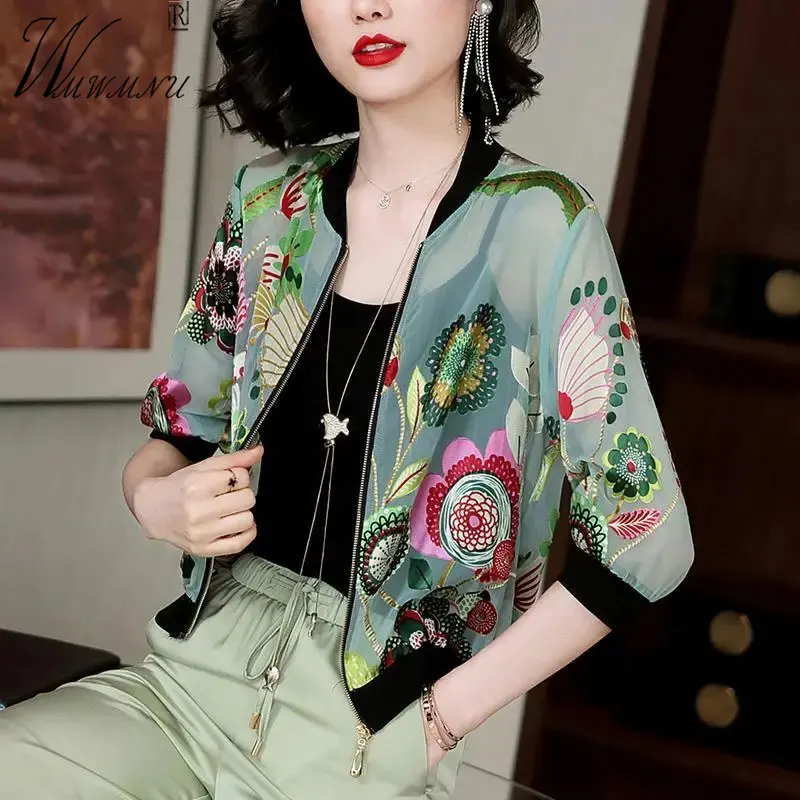 Elegant Print Chiffon Summer Jackets Women Long Sleeve Thin Chaqueta 5XL Oversize Sun Protection Cardigan Spring Bomber Abrigos