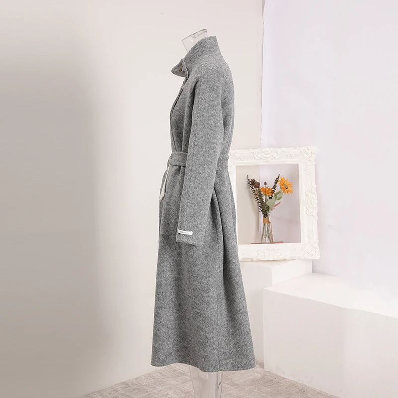 LANMREM Grey Stand Collar Double-faced Woolen Coat for Women Korean Trendy Loose Bandage Design Autumn Winter Overcoat CPG4196 - Image 2