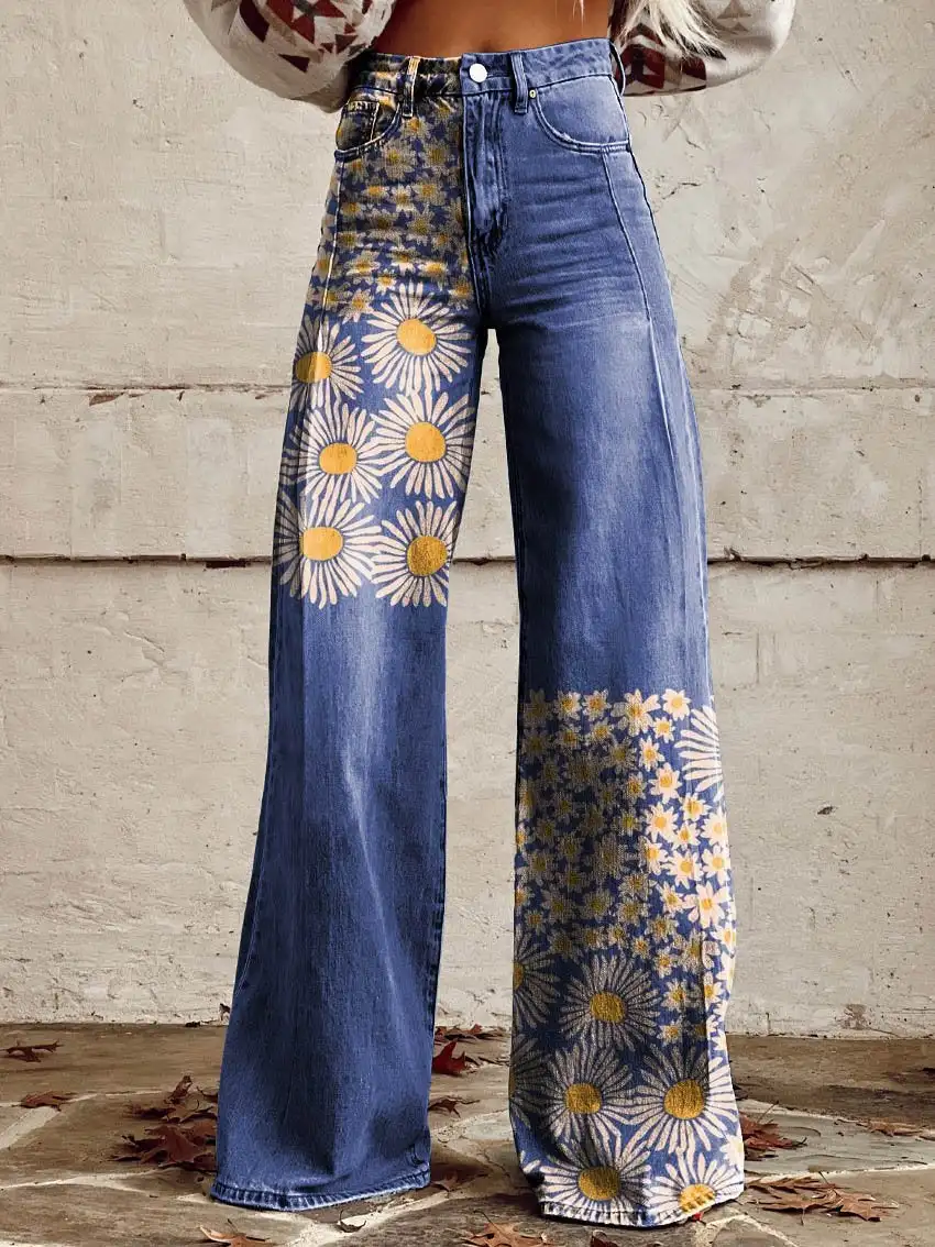 Fashionable women's wide-leg pants, retro butterfly 3D pattern, suitable for daily shopping casual women's wide-leg pants S-3XL