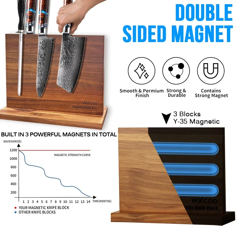 Sd08d99bf9a9842d58d5b3e3711443603H küchexyz.de Best Price | Fast Delivery |Quality Product Long Magnetic Knife Block Acacia Wooden Kitchen Knife Holder Kitchen Counter Strong Enhanced Magnets Stands Storage Knife Holder