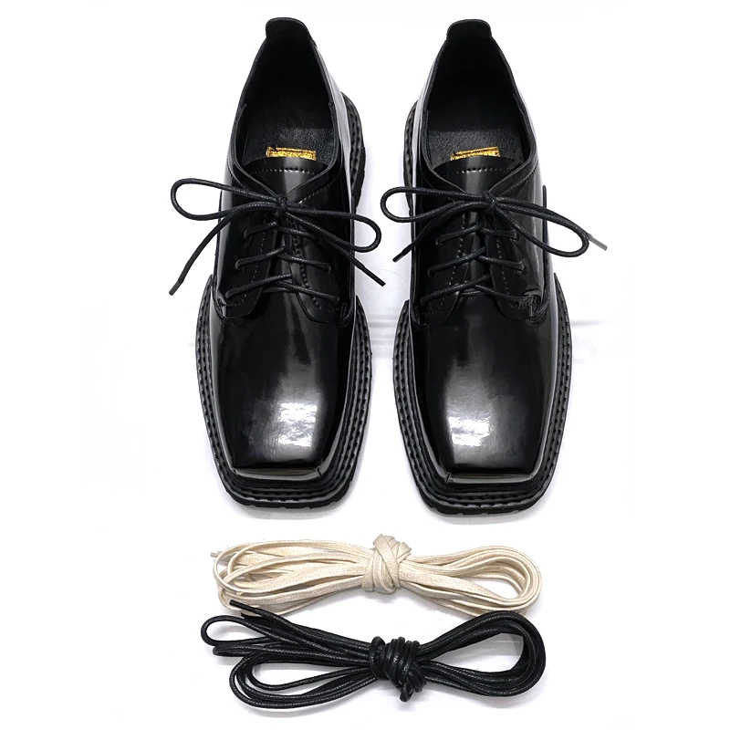 Spring Men's Leather Shoes Square Toe Japanese Style Sheep Skin Retro Lace-up Handsome Man Casual Business Oxfords Thick-sole