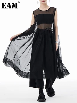 [EAM] Women Black Big Hem Mesh Big Size Elegant Perspective Dress New Round Neck Sleeveless Fashion Spring Summer 2026 1DH6298