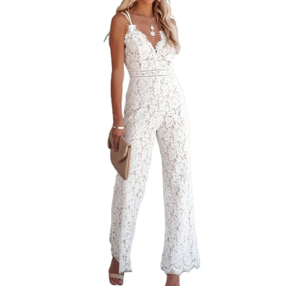 Lace Jumpsuit Elegant Sleeveless Lace Spaghetti Straps Jumpsuit Popular Solid Color V Neck Sleeveless Romper for Wedding elegant spaghetti straps women jumpsuit solid off shoulder wide leg pants one piece rompers 2023 summer sexy club party outfits