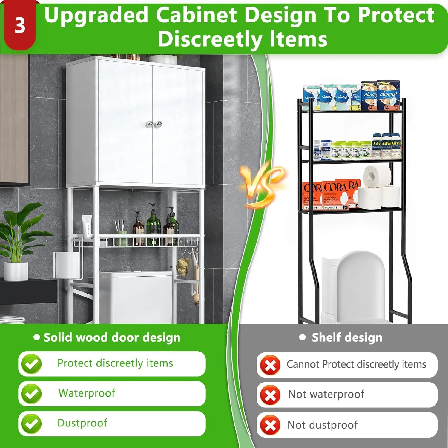 2-Door Over The Toilet Storage Cabinet, Freestanding Bathroom Organizer with Privacy Rack, Water-Resistant White Shelf