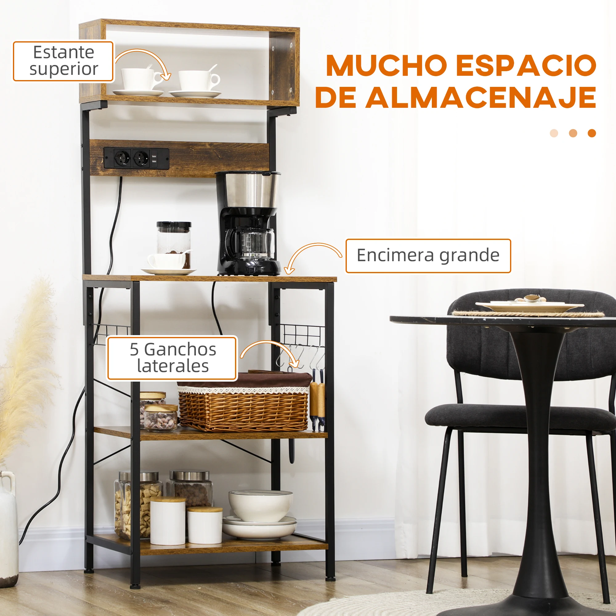 Scaffale Portatutto Aheaplus 5 Livelli Con Presa E Luci LED – Rovere Bianco, Mensola Da Cucina - 3