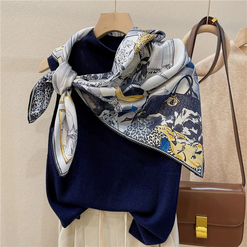 Brand Print 90cm Silk Scarf Mulberry Square Hem Roll Shawls