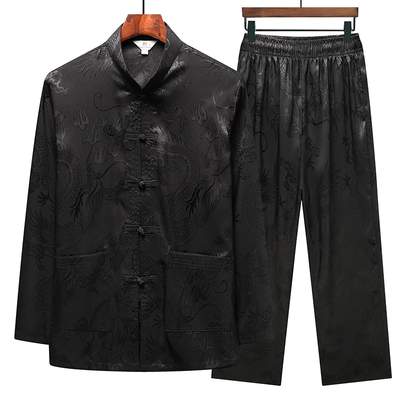 Tang Suit (top + Pants) Dad Chinese Style Hanfu for Middle-aged and Elderly Men Imitation Mulberry Silk Satin Jacquard Suit 5