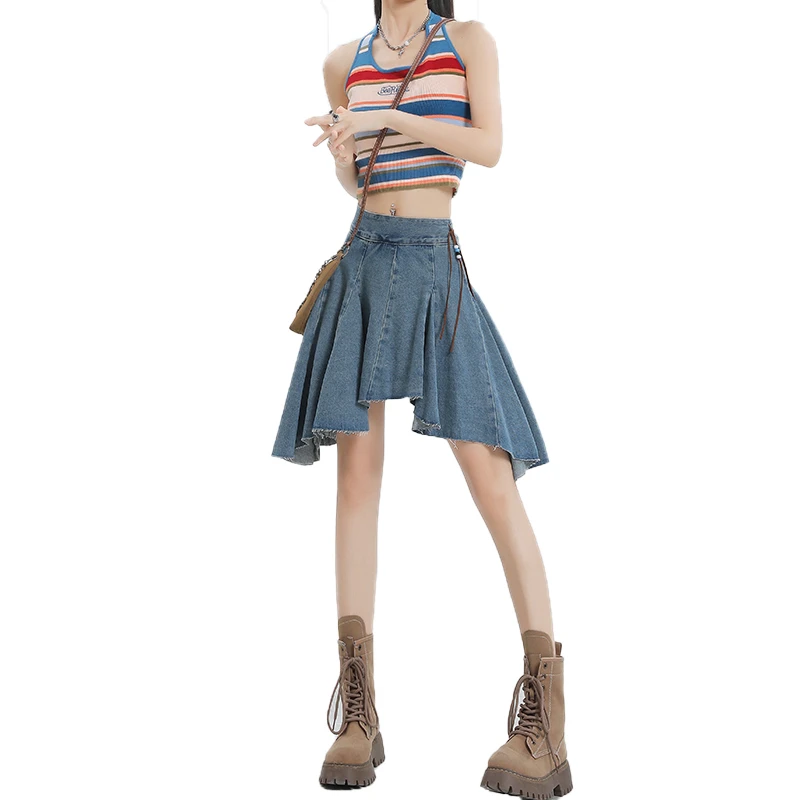 

Модная синяя юбка неправильной формы с высокой талией для женщин на лето