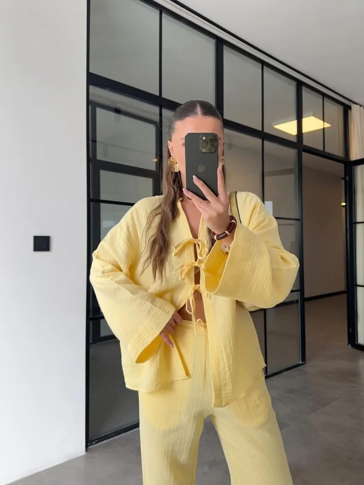 Wmstar Two Piece Set Women Wholesale Woman 2025 Summer New Solid Color Bow Long Sleeved Shirt Wide Leg Trousers Casua Clothing