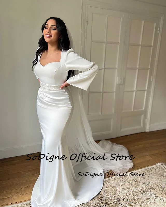 SoDigne Mermaid Satin Wedding Dresses Full Sleeves Sweetheart Elegant Bridal Dress Wedding Gown Bow Robe De Mairee Customized 10 Sd08e0e8a5fc447d39d19558b32cae459n