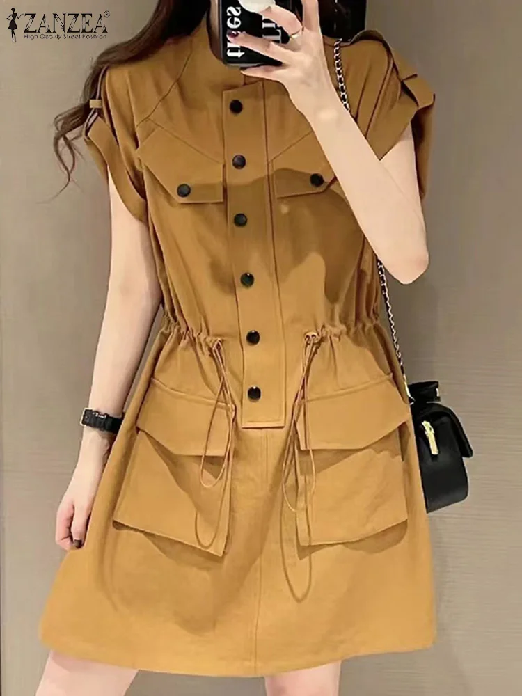 

ZANZEA Casual Drawstring Waist Cargo Vestidos Button Up Women Work Wear Short Sleeve Mini Dress Korean Fashion Short Sundress