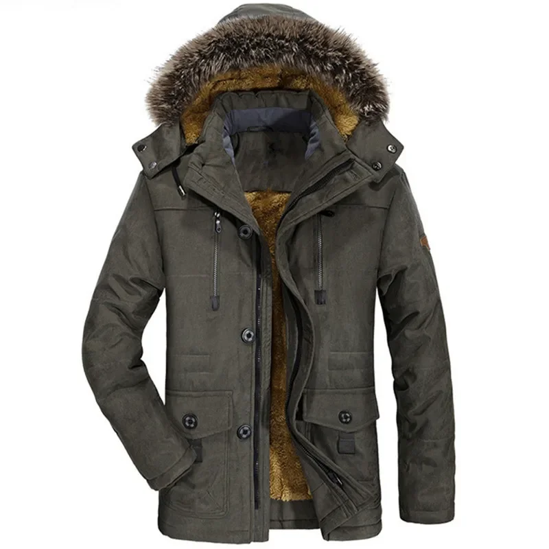 Cotton Jacket Parka Coat Cotton Hooded Plus Velvet Parka Men Fashionable Thick Windproof Cotton-Padded Parkas Male Plus Size Windproof Warm Parka Men's