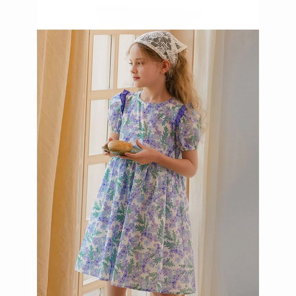 

Girls' Dress 2023 Summer Bubble Sleeve Children's Wood Ear Edge Sweet Foreign Fragmented Flower Skirt