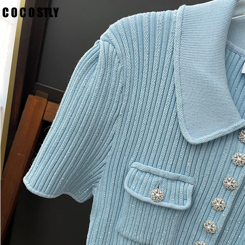 

Cocostly 2024 Spring Women Lapel Button Pocket Diamond Inlaid Knit Pullover Dress Office Lady Elegant Slim Mini Dresses Vestidos