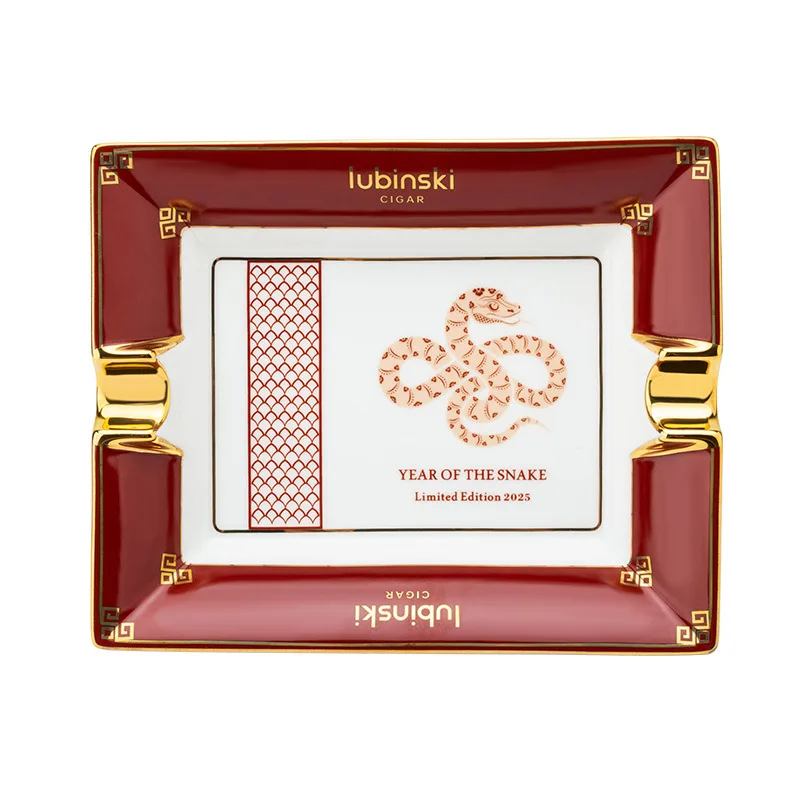 LUBINSKI Cigar Ashtray Year of the Snake Limited Edition Double Slot Bone Porcelain Gilded Large Capacity Square Cigar Ashtray