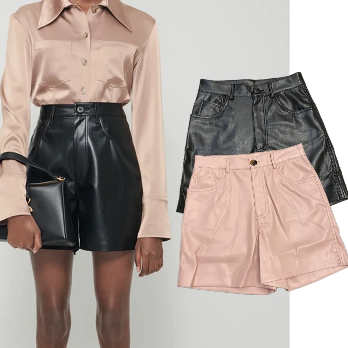 

Withered Summer Shorts Women's Bermuda Fashion Leisure Commuting Artificial Soft Leather High Waisted Straight Shorts For Women