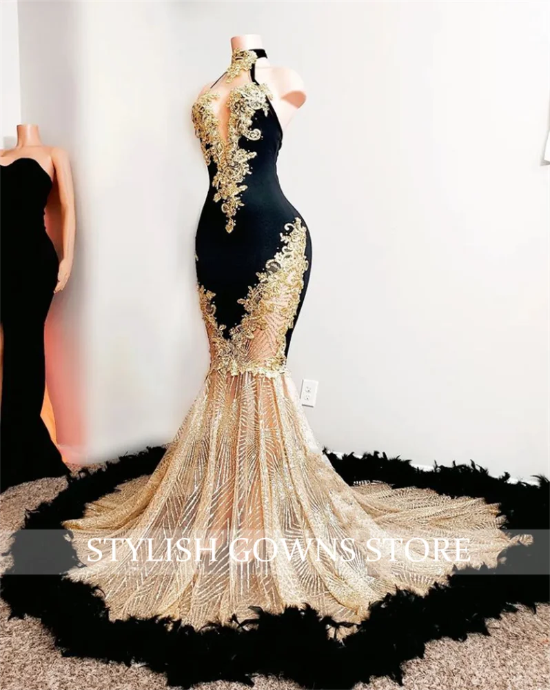 Prom Dresses Luxury High Neck Long For Black Girls Feathers Birthday Party Dress Appliques Evening Gown Mermaid Customized