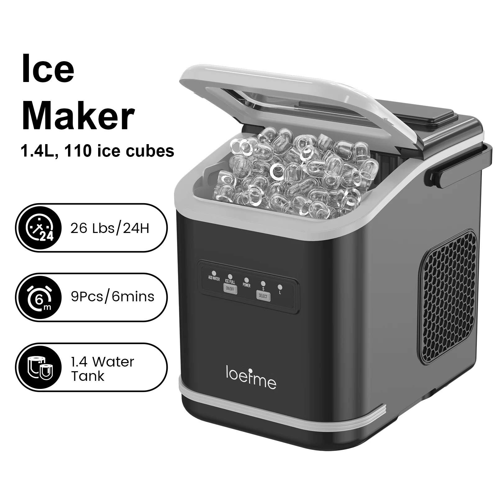 LOEFME 1.4L Ice Maker Countertop Machine Portable Electric Ice Cube Maker with Automatic Self-Cleaning Function for Home Kitchen