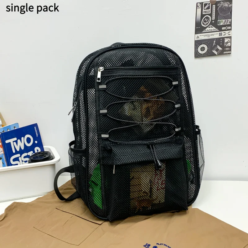 Trendy Outdoor Sports Beach Transparent Mesh Backpack Summer Double Shoulder Bag for High School Students with Big Capacity