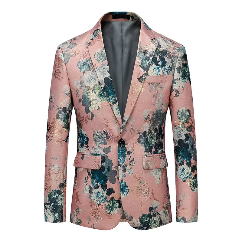 

Spring Fall Korean Style Men Fashion Designer Dobby Floral One Button Blazer Coat , Man 5xl 6xl Host Night Club Flower Blazers