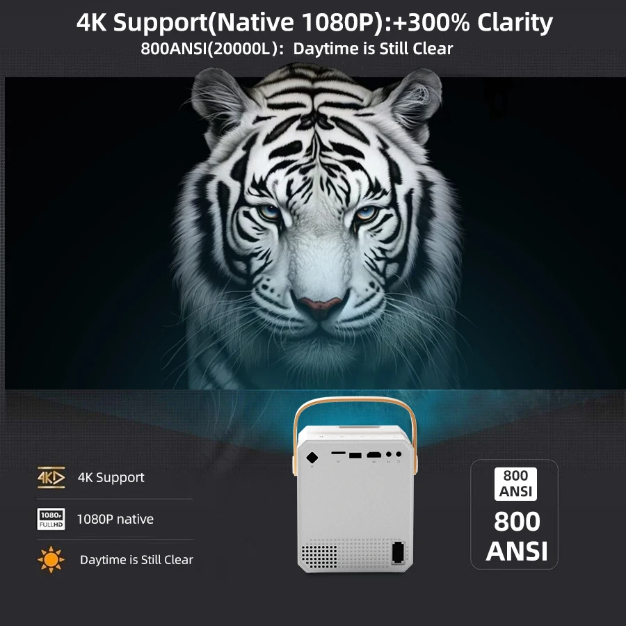 CY305 4K Home Projector Supports WiFi Connects to Mobile Phones and Computers,Built-in Android System suitable for home/outdoor