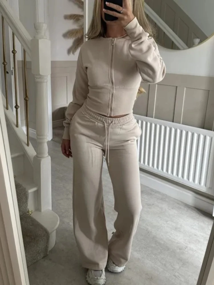 Women's Casual Sports Two-piece Set Autumn And Winter New Fashion Long-sleeved Zipper Cardigan Slim Top With Straight Pants Suit 1