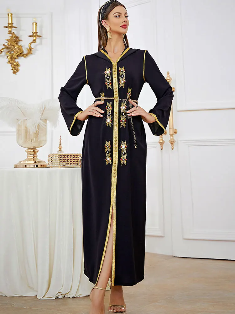 Luxurious Djellaba Hooded Abaya Women Moroccan Evening Party Caftan Arab Long Dress Muslim Dubai Saudi Gulf Wedding Kaftan Black